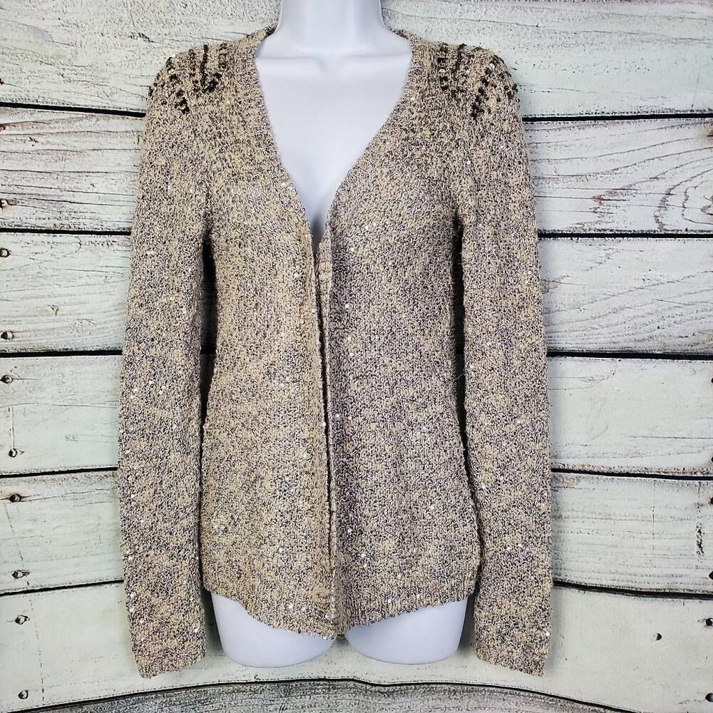 Studio Y Women’s Metallic Knit Cardigan Sweater Sequin Beaded Shoulder XS